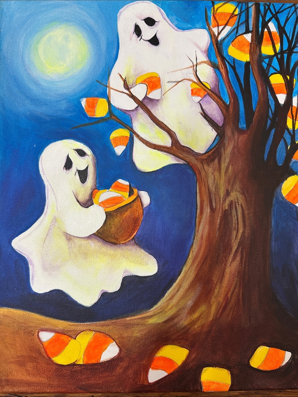 Whimsical Ghosts Halloween Painting - Cute Spooky Canvas Wall Art - Blue, Orange - Picture 4 of 4